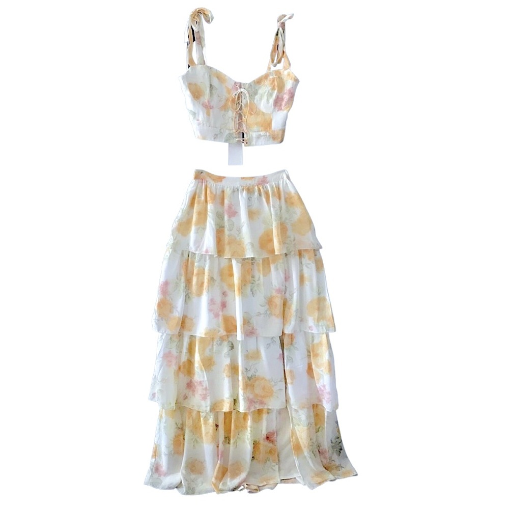Wayf Two Piece Floral Maxi Dress Set Beige Yellow SMALL